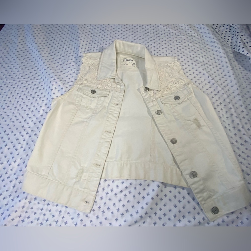 Mudd Cream Denim Vest with Lace Accents